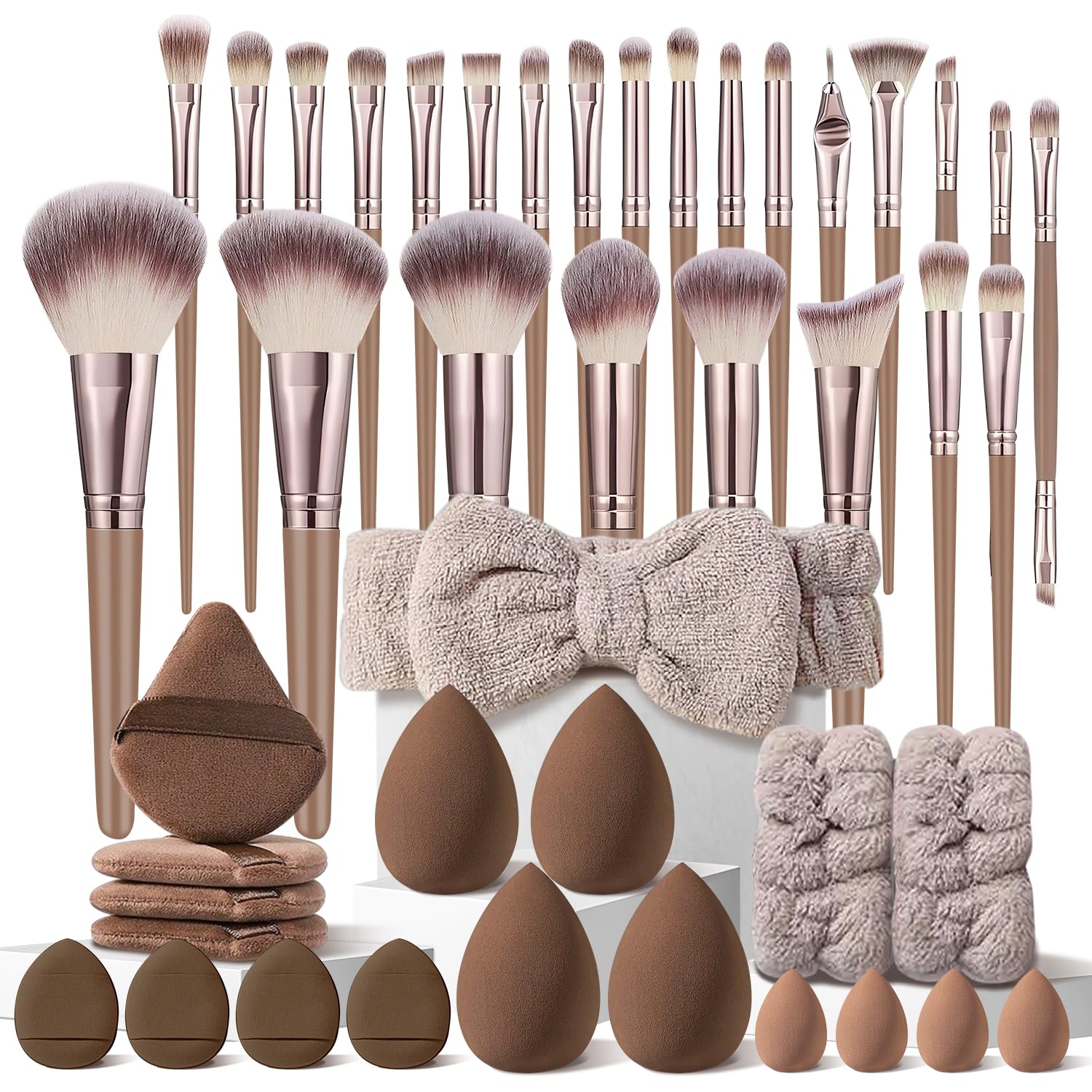 HGHDBT Juego de 44 brochas de maquillaje marrón, kit de maquillaje...