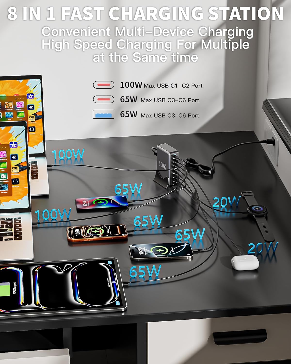 Bloque de cargador USB C de 500 W, estación de carga GaN3, bloque d...