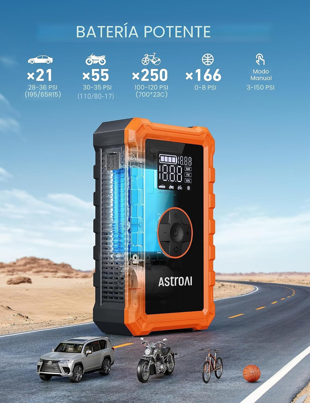 AstroAI - Arrancador portátil S8 con compresor de aire, pico de 150...