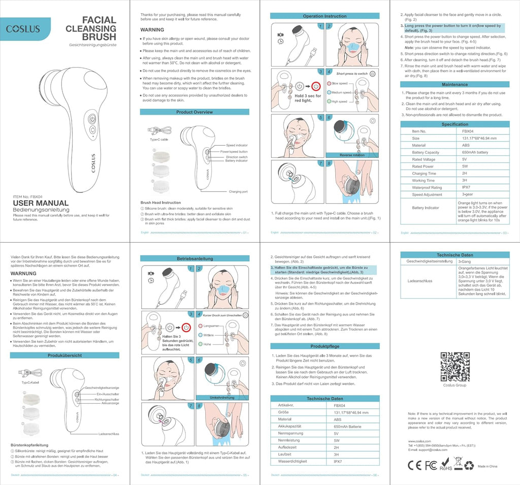 COSLUS Cepillo de limpieza facial FBX04: Cepillo giratorio eléctric...