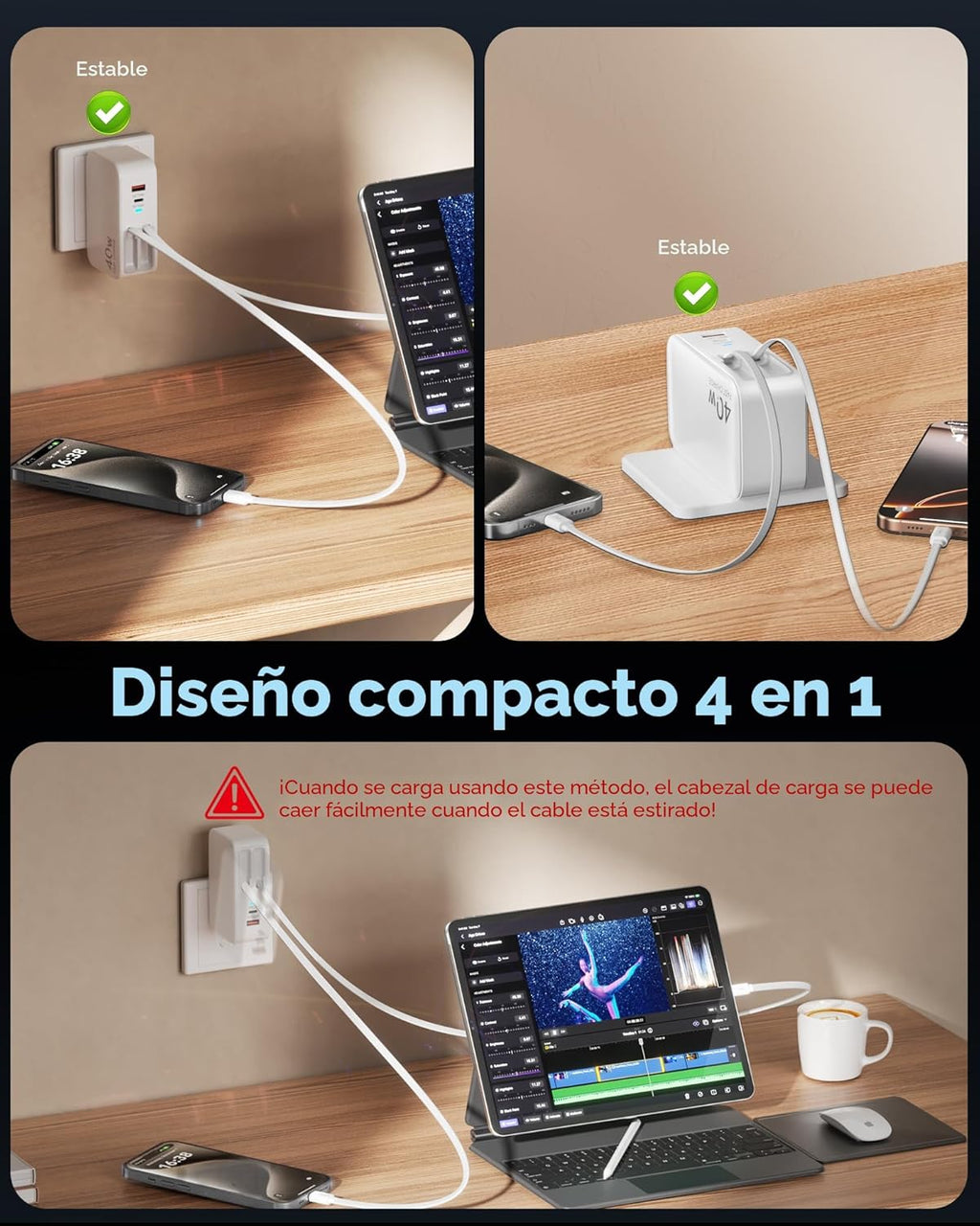 Cargador de pared USB C retráctil con enchufe de pared, cables de t...