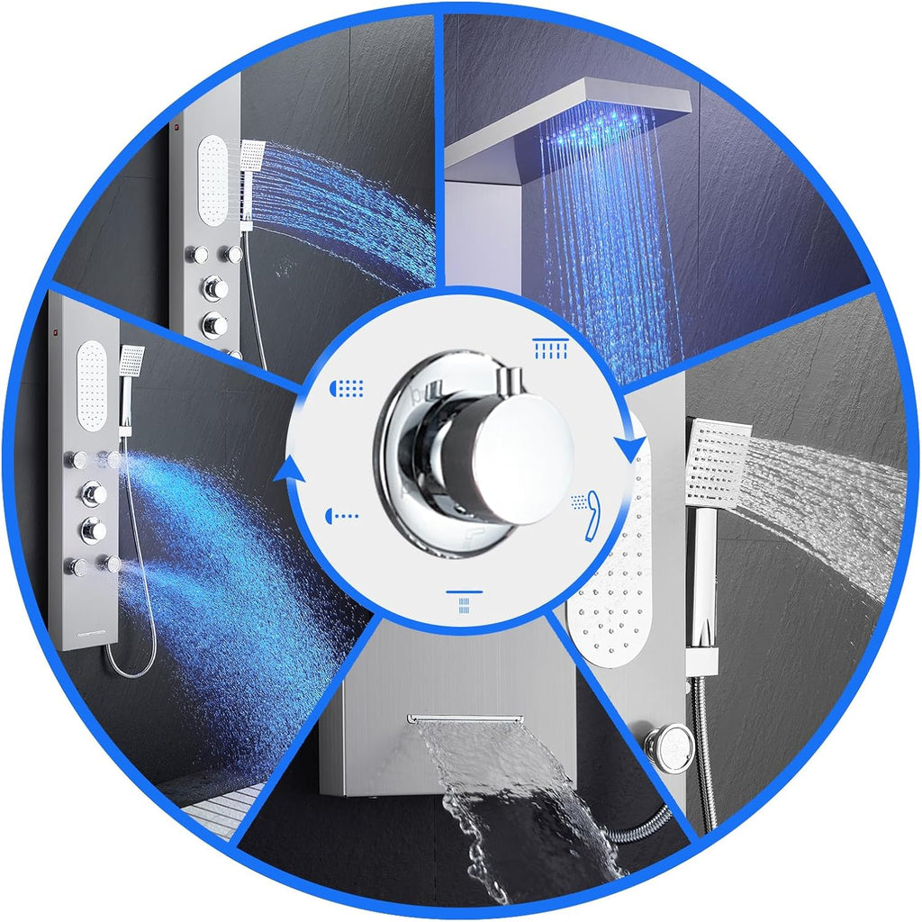 MENATT Sistema de torre de panel de ducha LED de 5 funciones, 4 cho...