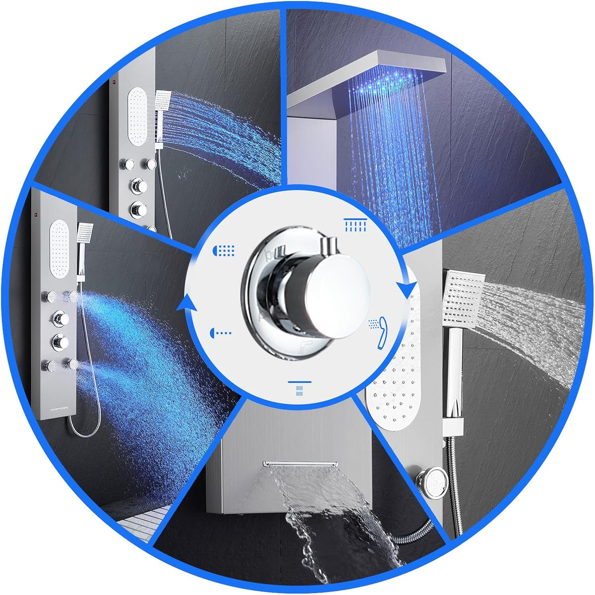MENATT Sistema de torre de panel de ducha LED de 5 funciones, 4 cho...