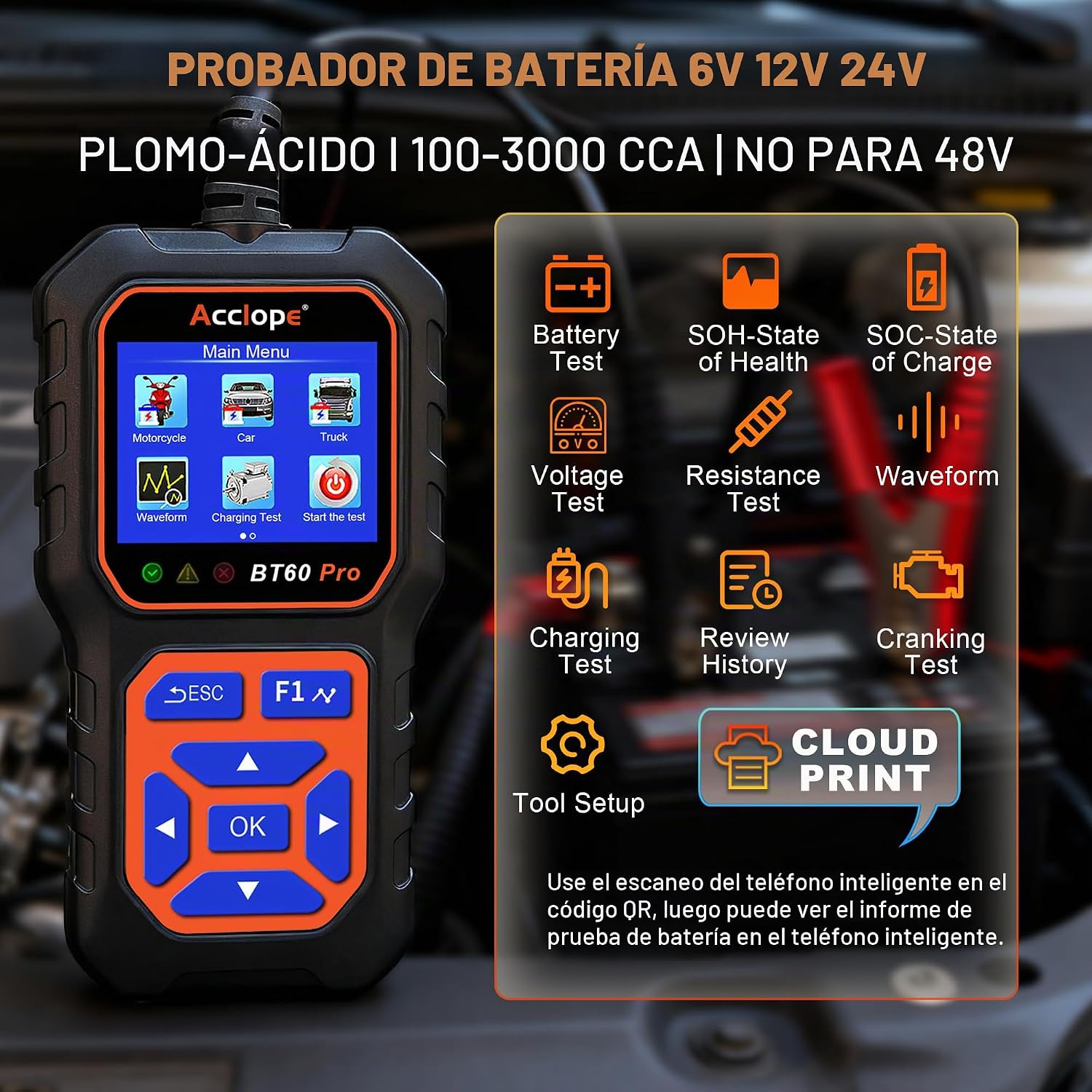 Acclope BT60 PRO - Probador de batería de coche 6V\/12V\/24V, 2-120...