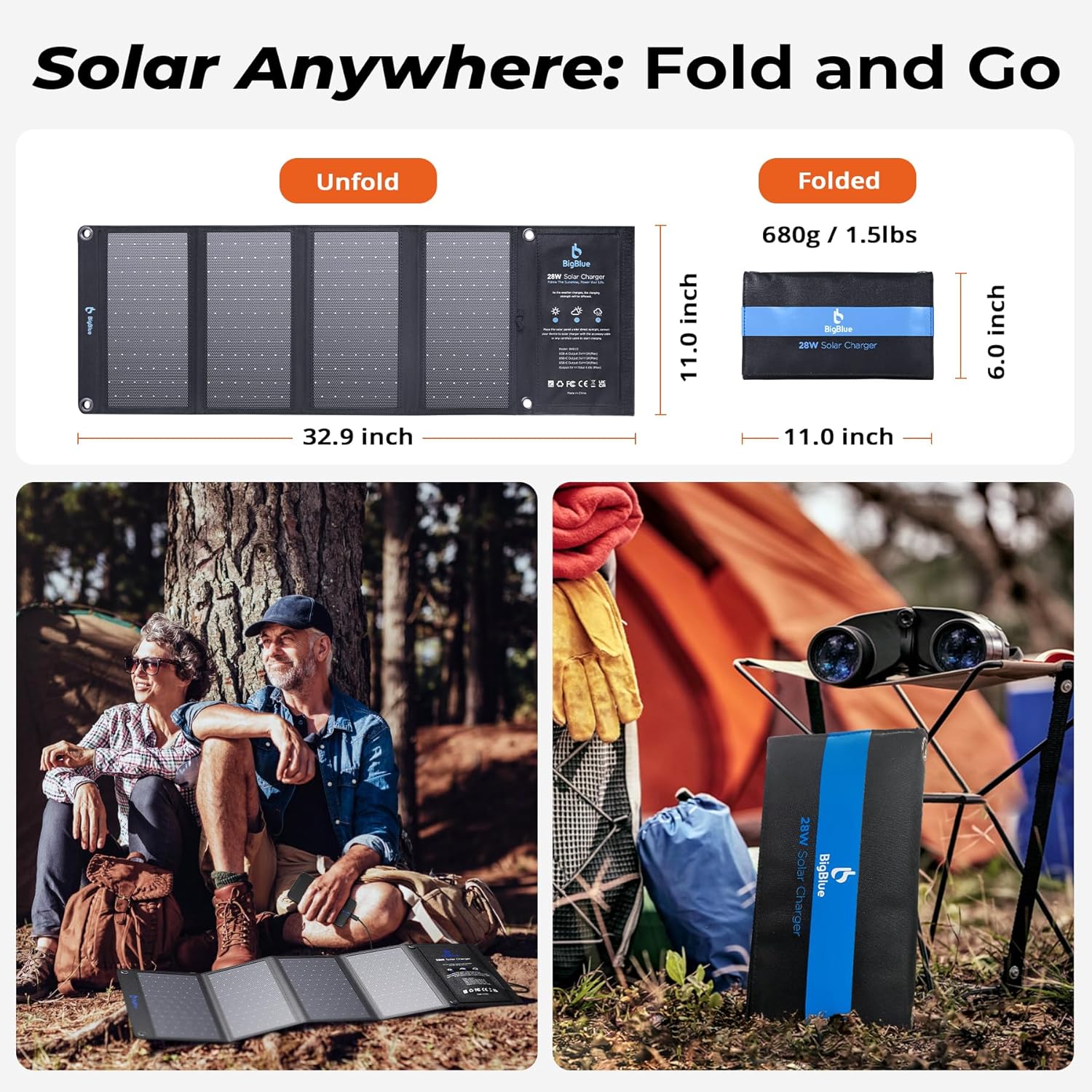 BigBlue Cargador de panel solar de 28W con USB-C dual y USB-A, carg...