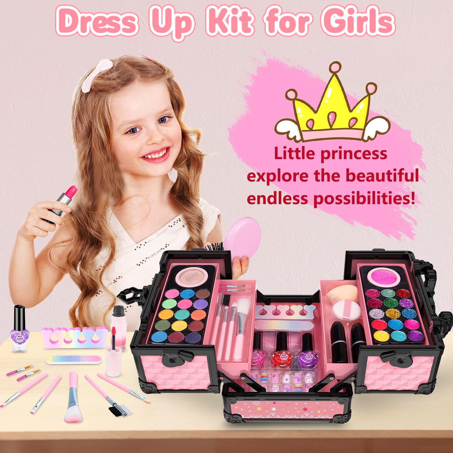Hollyhi Juego de 59 piezas de maquillaje para niñas, juego de jugue...