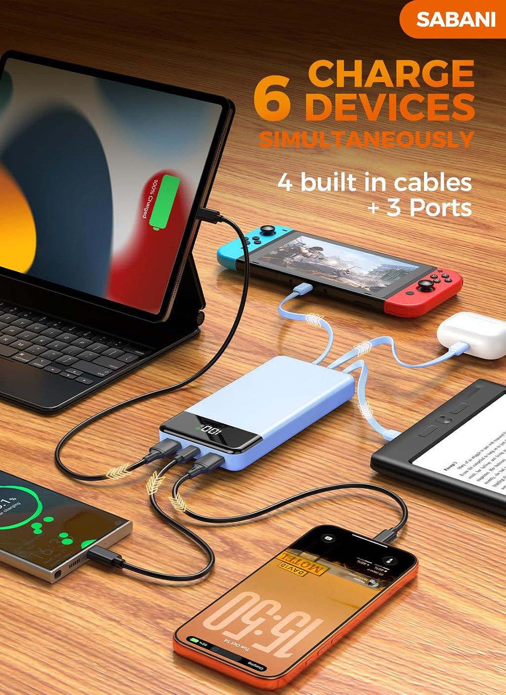 Cargador portátil de 35000 mAh - Powerbank con 4 cables integrados,...