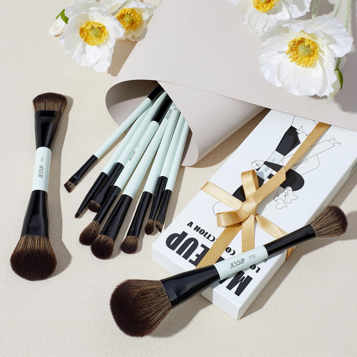 Jessup Juego de brochas de maquillaje, 10 piezas, doble cara para b...