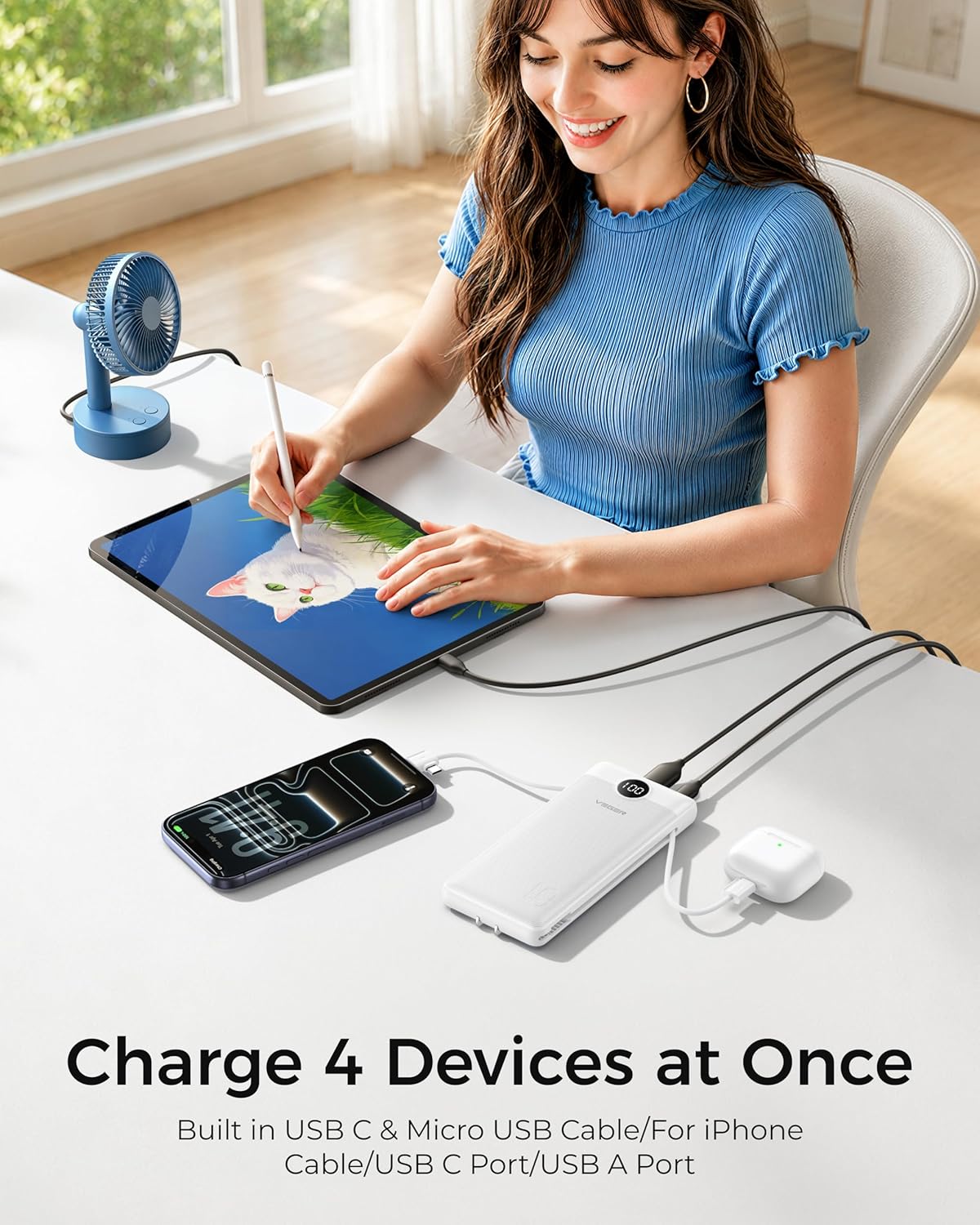 VEGER Cargador portátil para iPhone con cables integrados y enchufe...