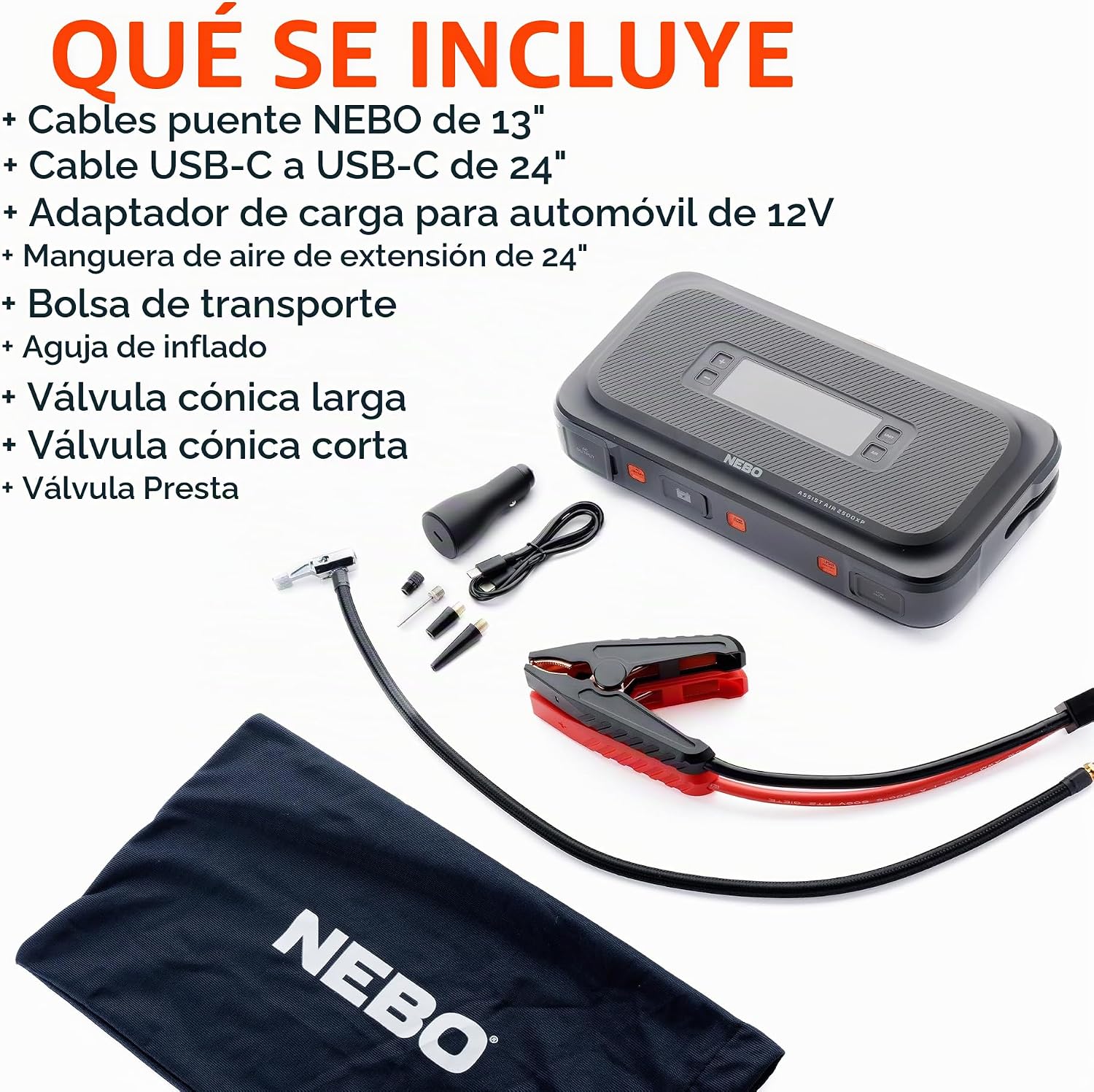 NEBO Assist Air 2500XP Arrancador y compresor de aire, 12 V, 2500 A...