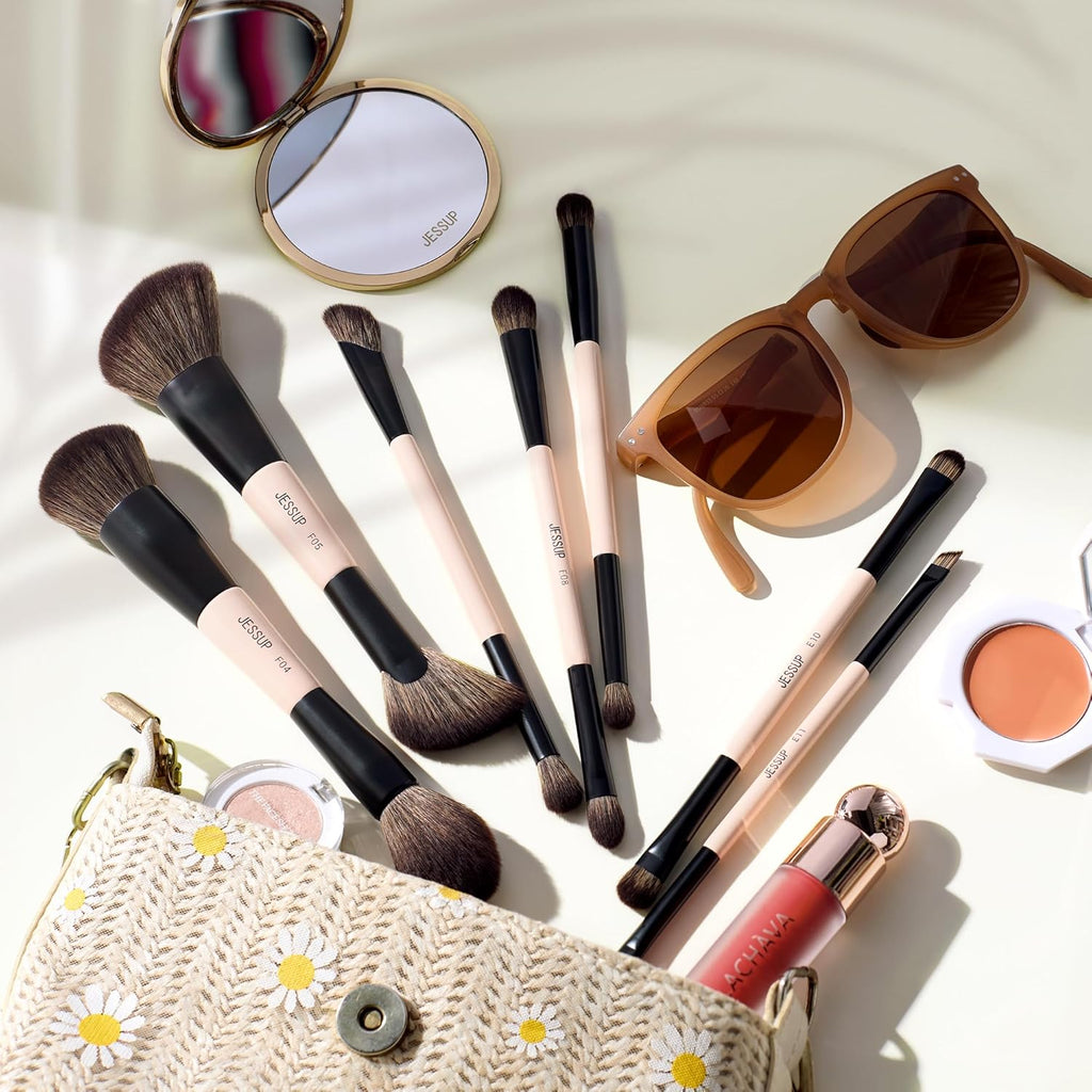 Jessup Juego de brochas de maquillaje, 7 piezas, brochas de doble c...