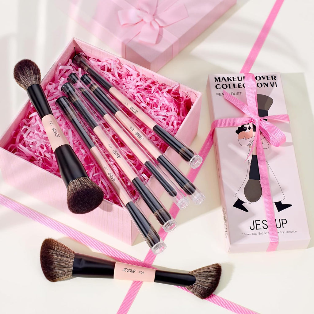 Jessup Juego de brochas de maquillaje, 7 piezas, brochas de doble c...