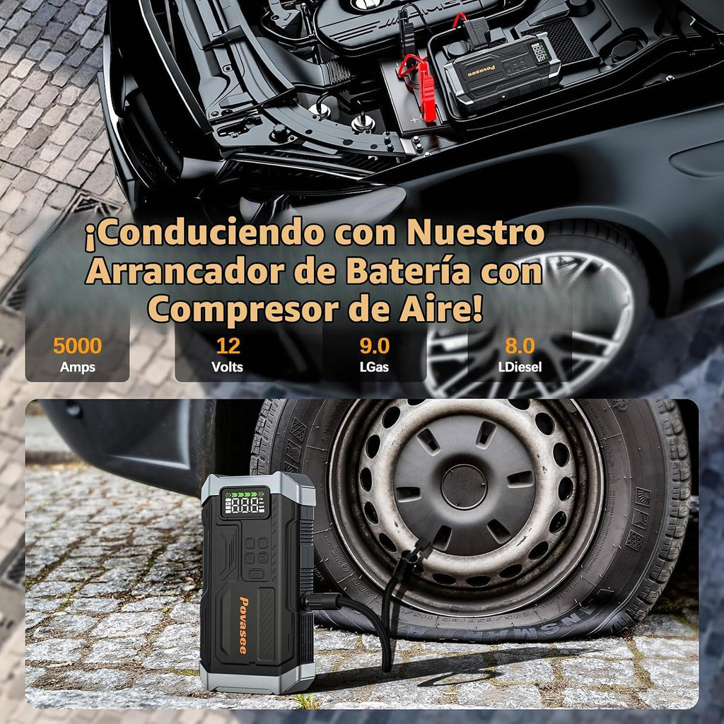 Povasee Arrancador con Compresor de Aire 5000A Caja de Arranque Por...