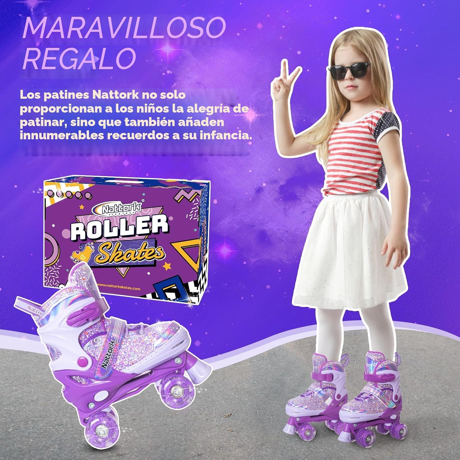 Nattork Patines de ruedas para niñas y niños, 4 tamaños ajustables...