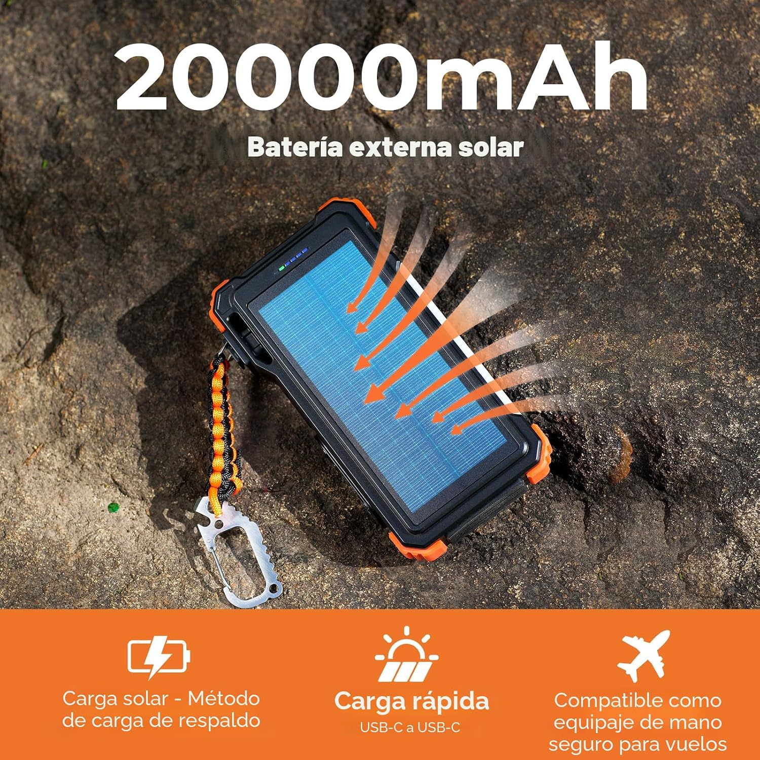 BLAVOR - Banco de energía solar de 20000 mAh con cables incorporado...
