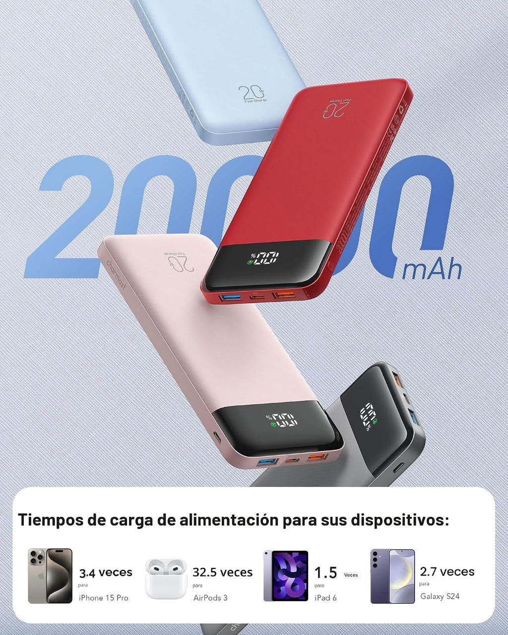 charmast Cargador portátil de 20000 mAh con cables integrados, carg...