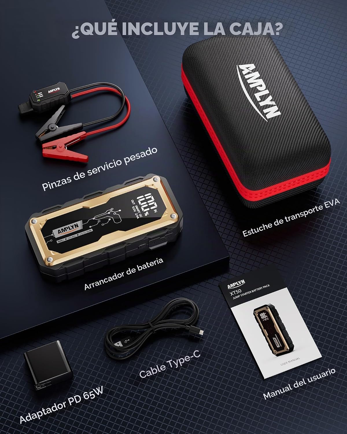 Arrancador de coche con cargador rápido de 65 W, batería de 24000 m...