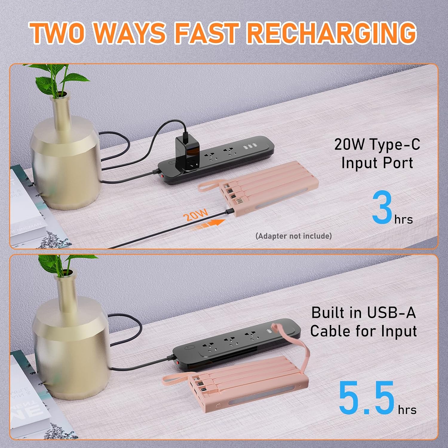 Cargador portátil con cables integrados, banco de energía de 10000m...