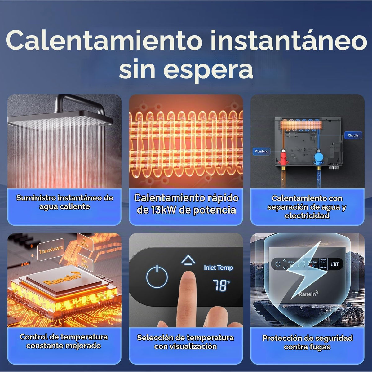 Calentador de agua eléctrico sin tanque Ranein de 13 kW, máx. 3,1 G...
