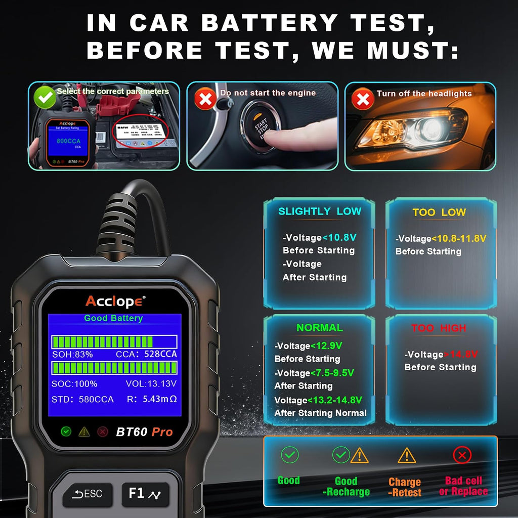 Acclope BT60 Pro Probador de Batería de Coche, Analizador Digital c...