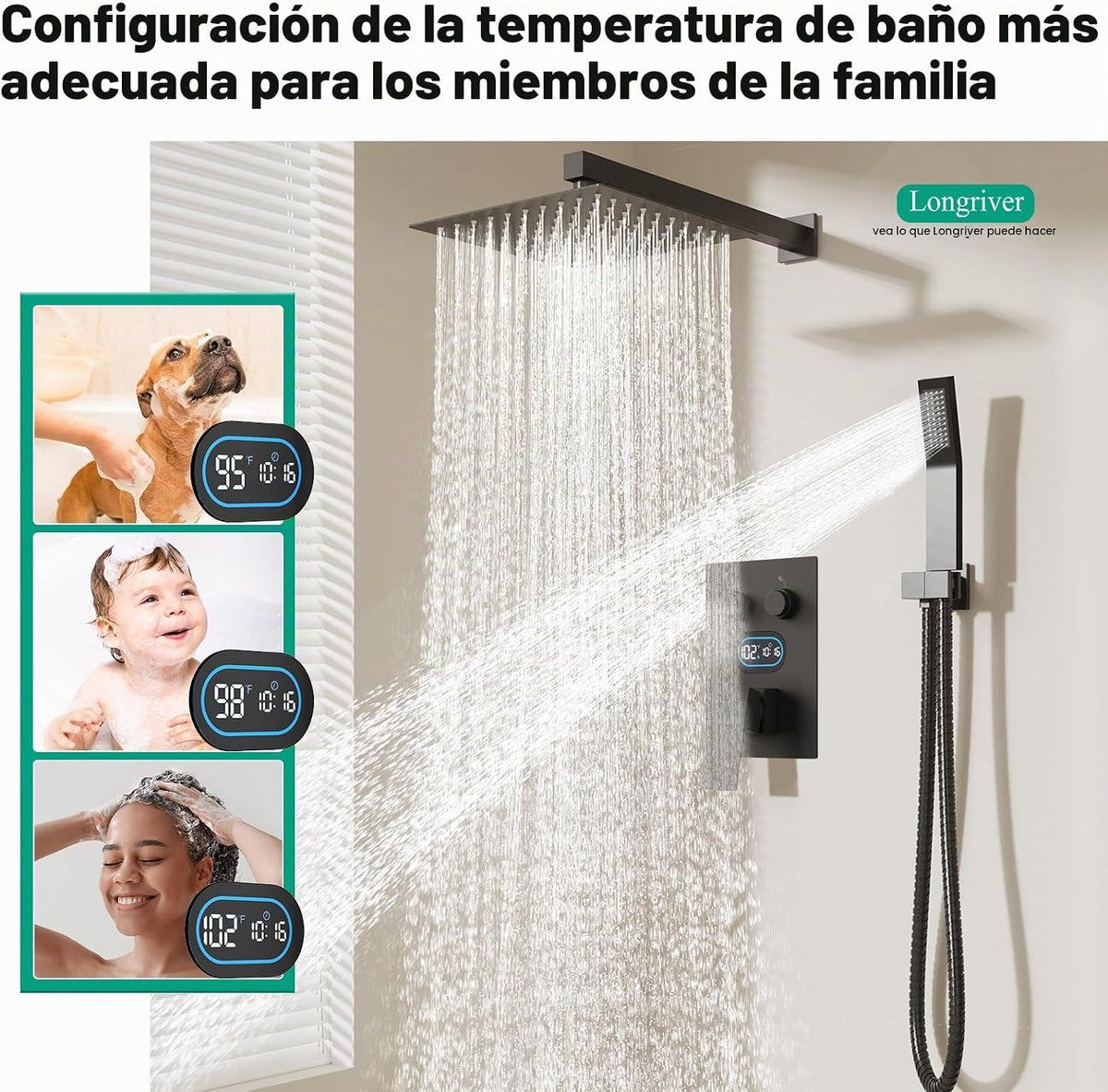 Longriver Juego de grifo de ducha de 2 pulsadores con pantalla de t...