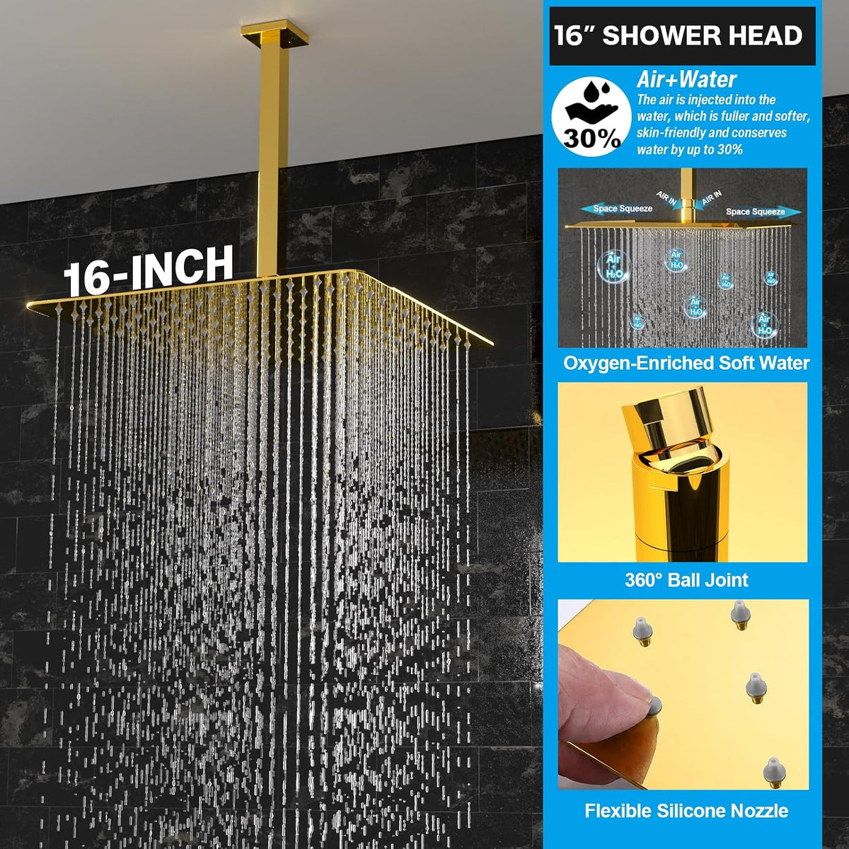 Enga Juego de grifo de ducha, sistema de ducha dorado brillante, ca...