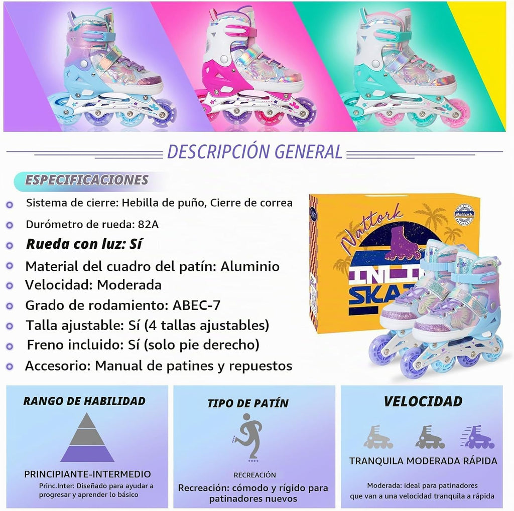 Nattork Patines en Línea para Niñas y Niños, 4 Tallas Ajustables Pa...