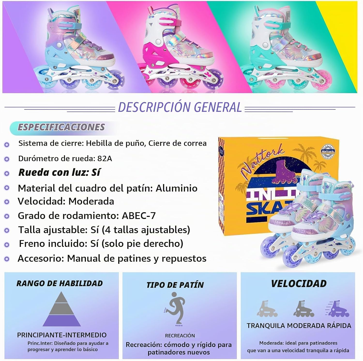 Nattork Patines en Línea para Niñas y Niños, 4 Tallas Ajustables Pa...