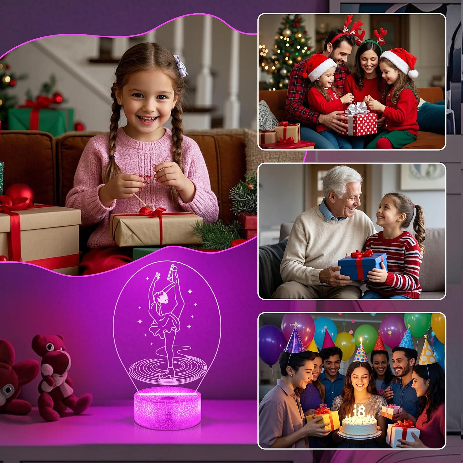 OkiyiD Regalos de patinaje artístico para niñas, luz nocturna de pa...
