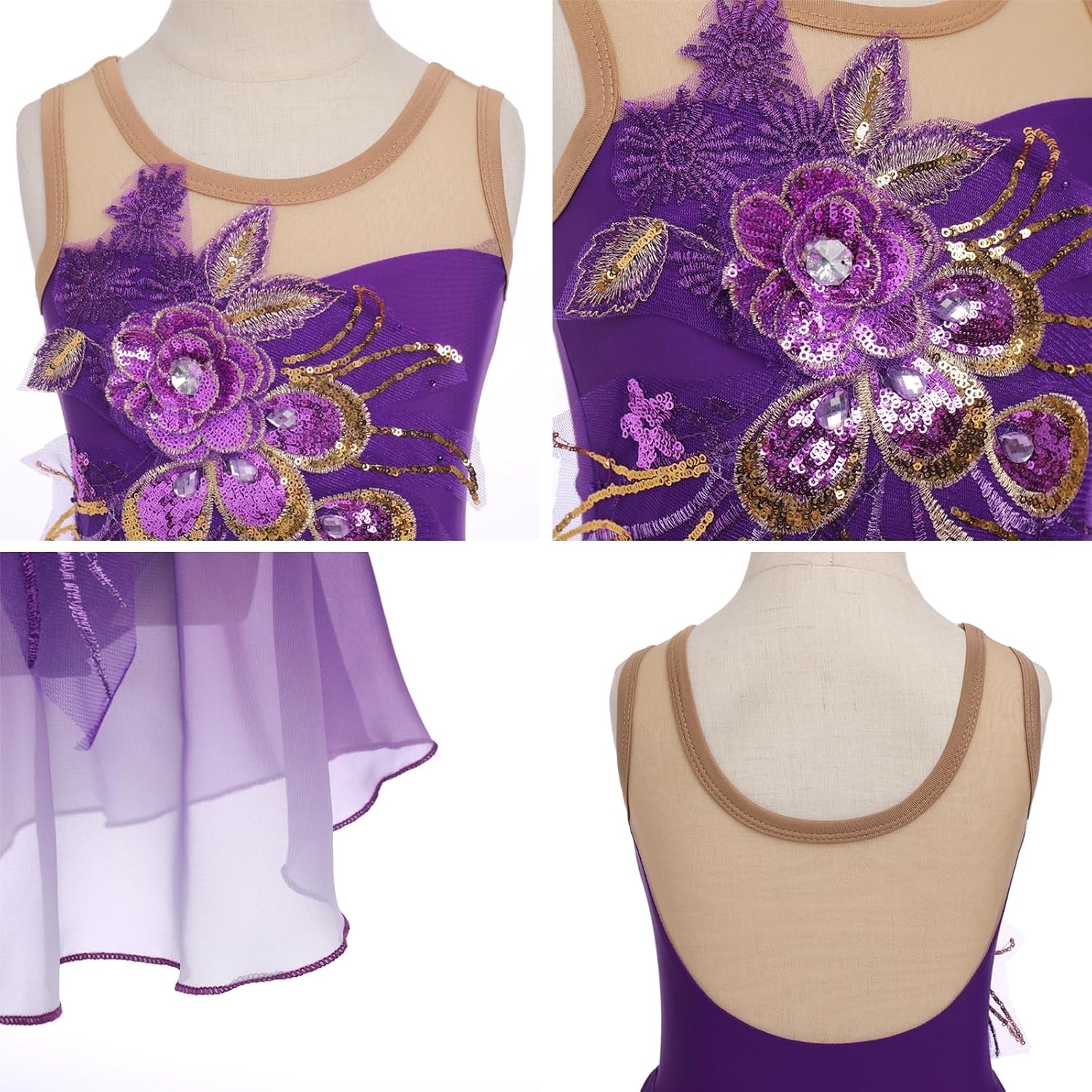 Vestido de patinaje artístico sobre hielo para niñas, lentejuelas b...