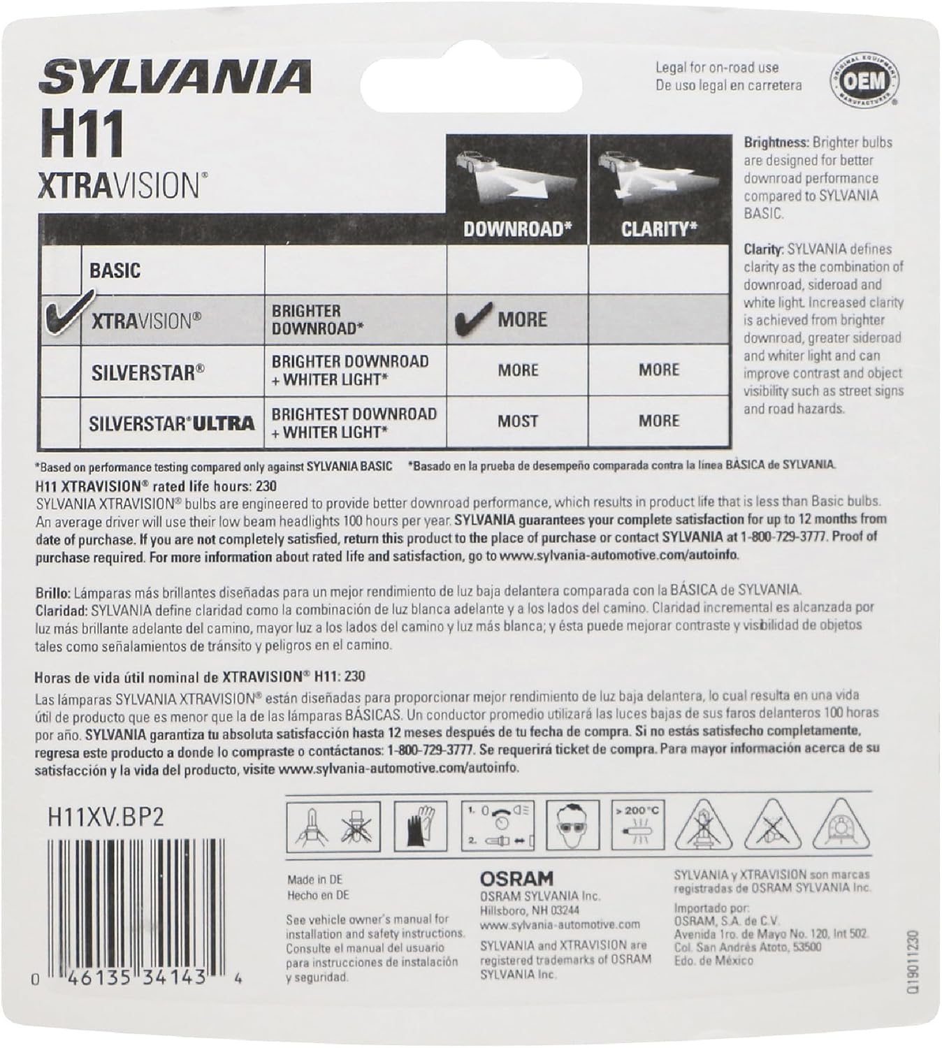 SYLVANIA - H11 XtraVision - Bombilla halógena de alto rendimiento p...
