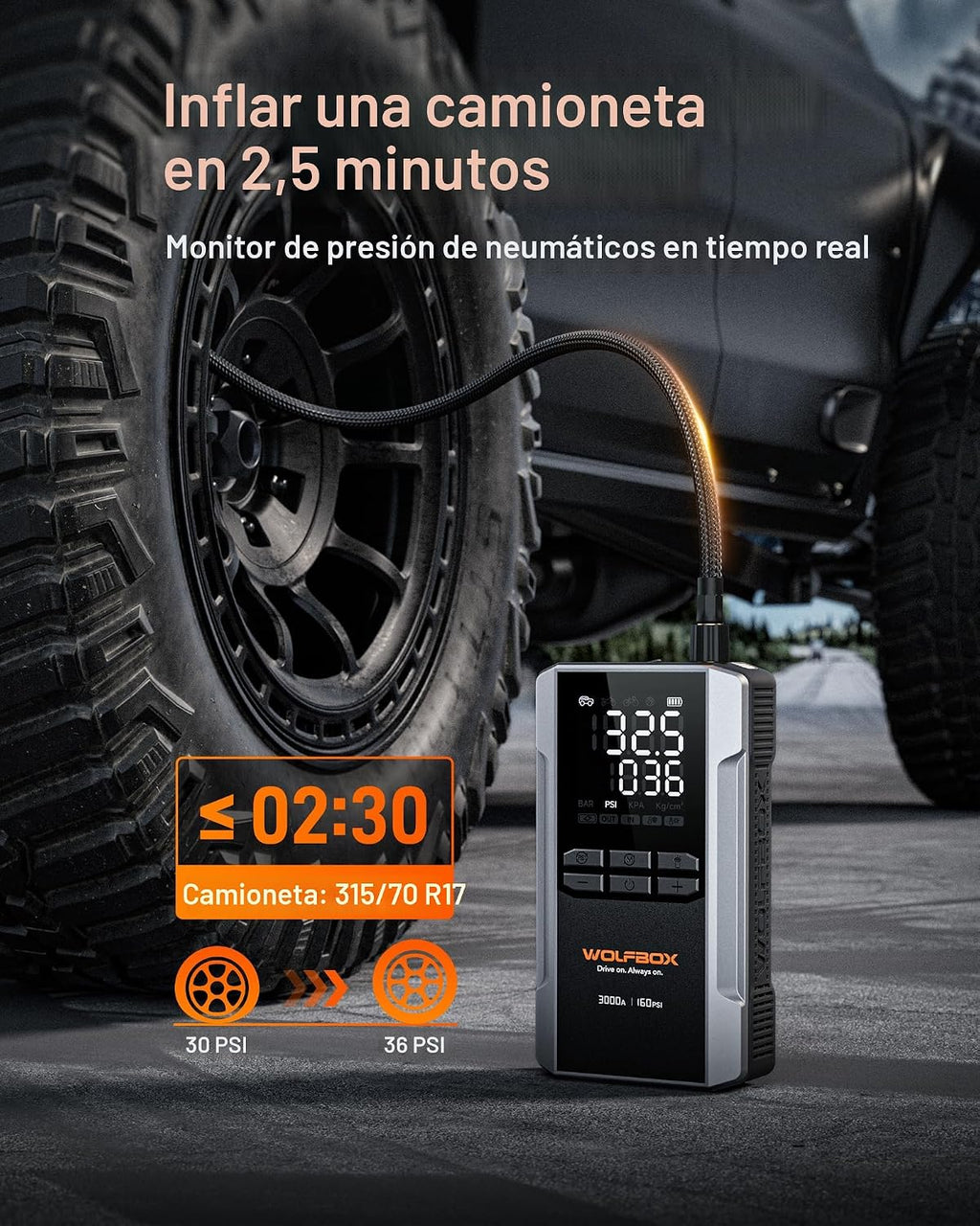WOLFBOX MV16A 3000A Arrancador de salto con compresor de aire, bate...