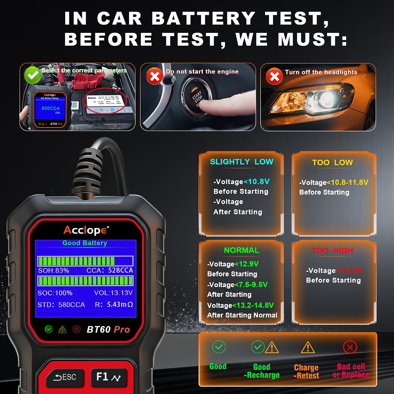 Acclope BT60 PRO - Probador de batería de coche 6V\/12V\/24V, 2\u20...