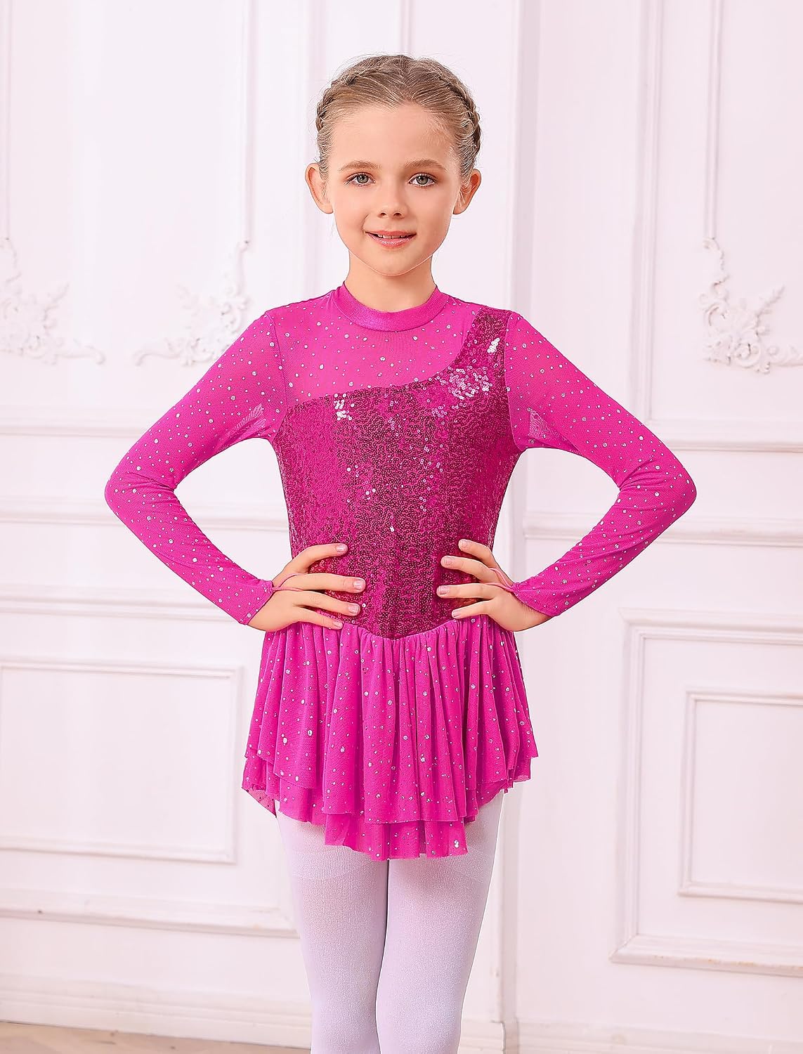 ODASDO Vestido de Patinaje Artístico para Niñas, Malla de Manga Lar...