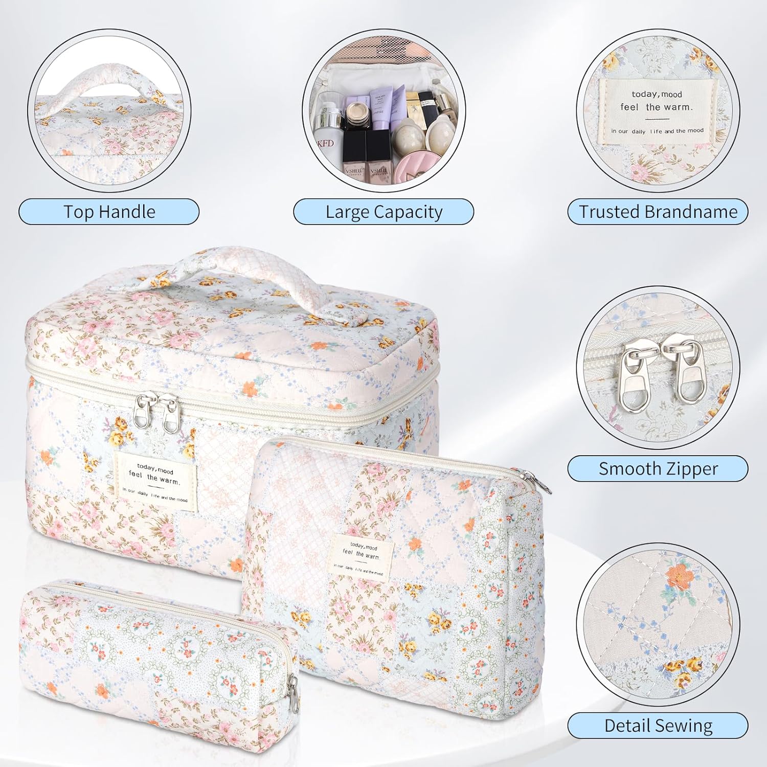 senbowe Bolsa de maquillaje floral, paquete de 3 bolsas de maquilla...