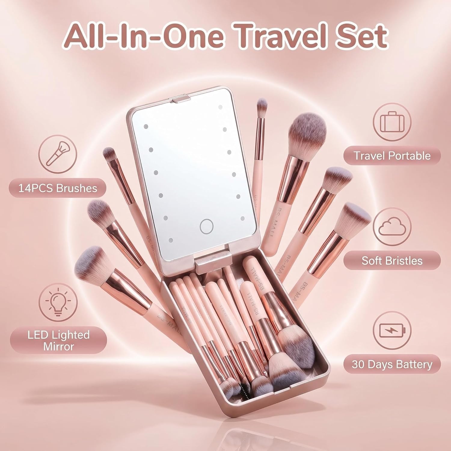 BS-MALL - Set de brochas de maquillaje con espejo LED, 14 piezas, b...