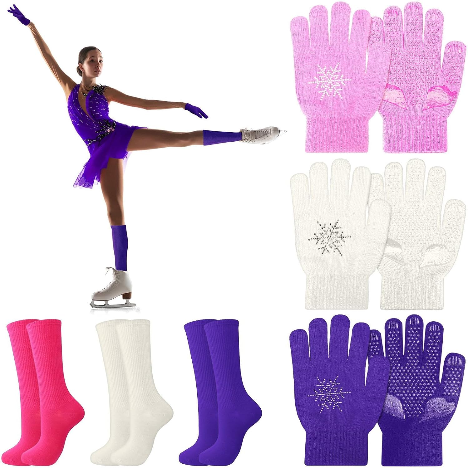 Hicarer Juego de 6 pares de guantes de patinaje artístico, calcetin...