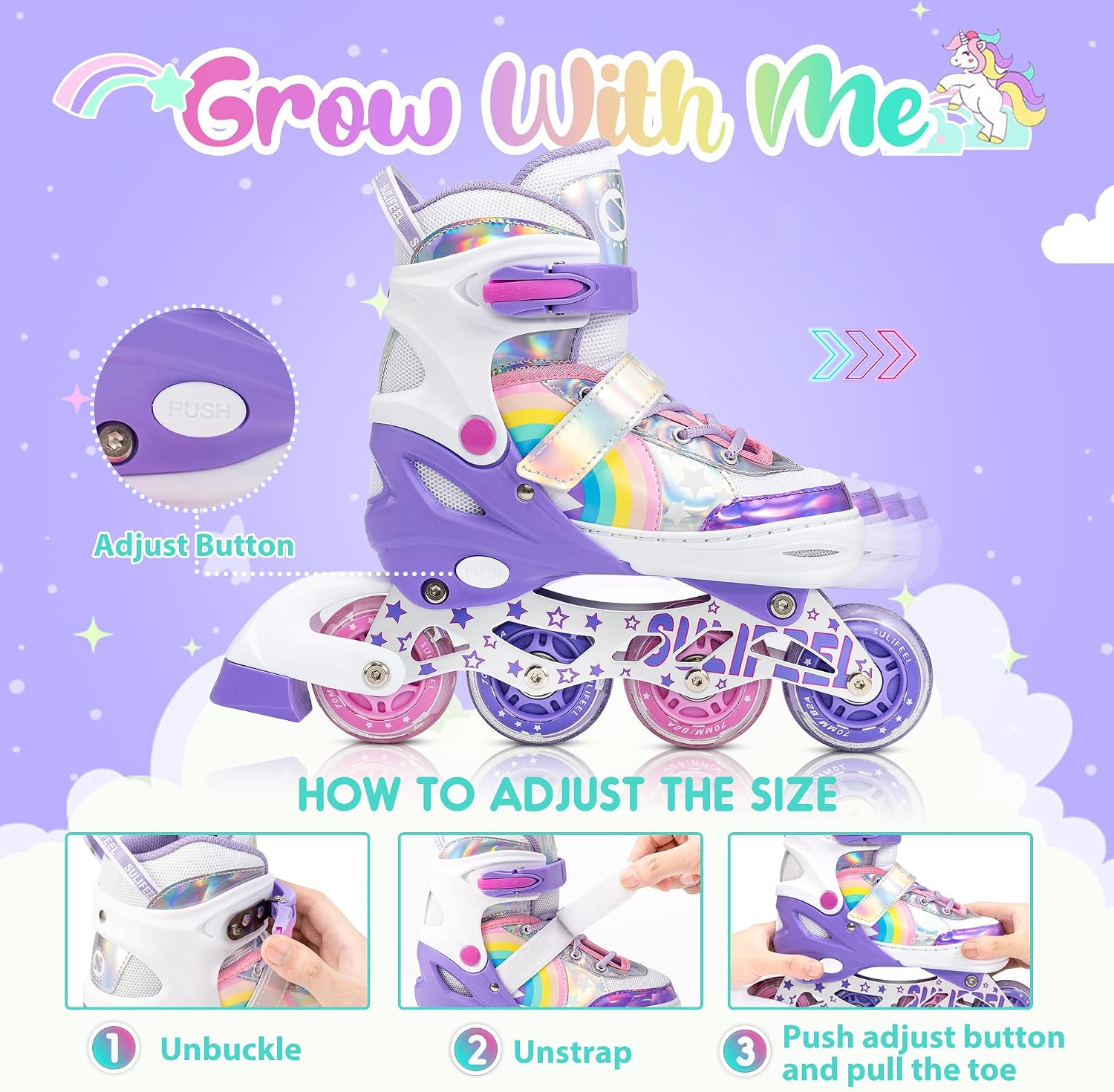 SULIFEEL Patines en línea de unicornio arcoíris para niñas y niños,...