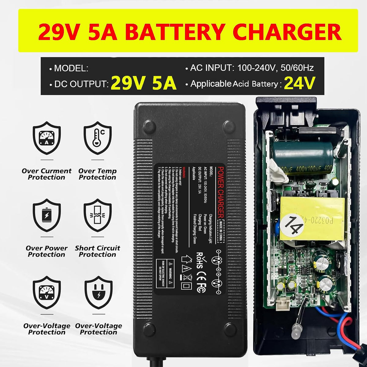 Cargador rápido de 29 V 5 A para batería de plomo ácido de 24 V, ca...