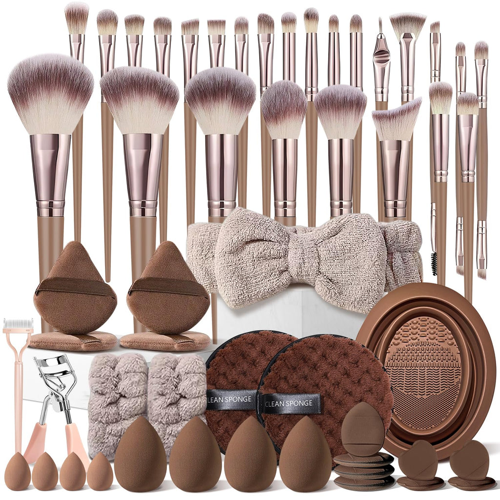 HGHDBT Juego de 53 brochas de maquillaje marrón, kit de maquillaje...