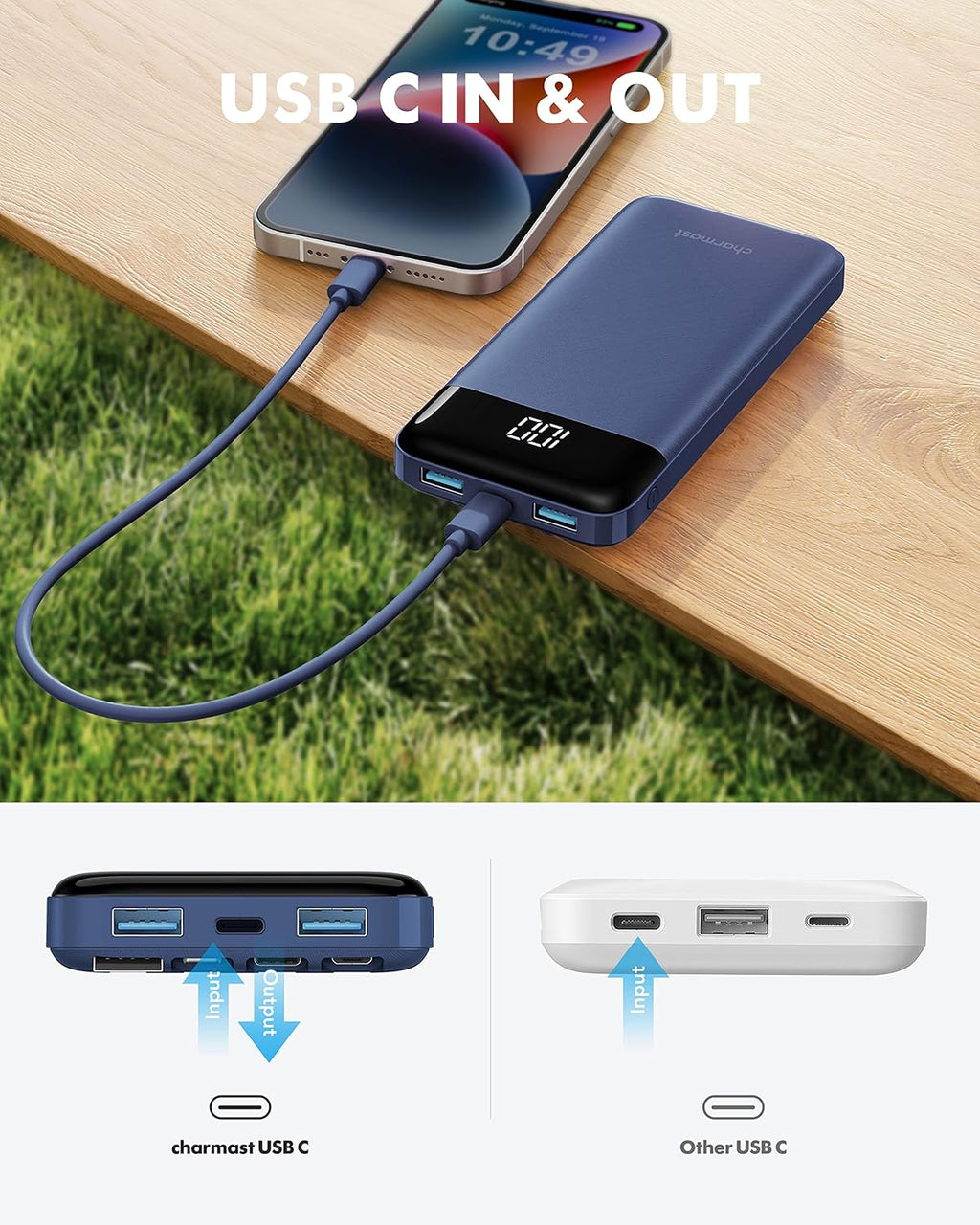 Charmast Cargador portátil con cables incorporados, banco de energí...