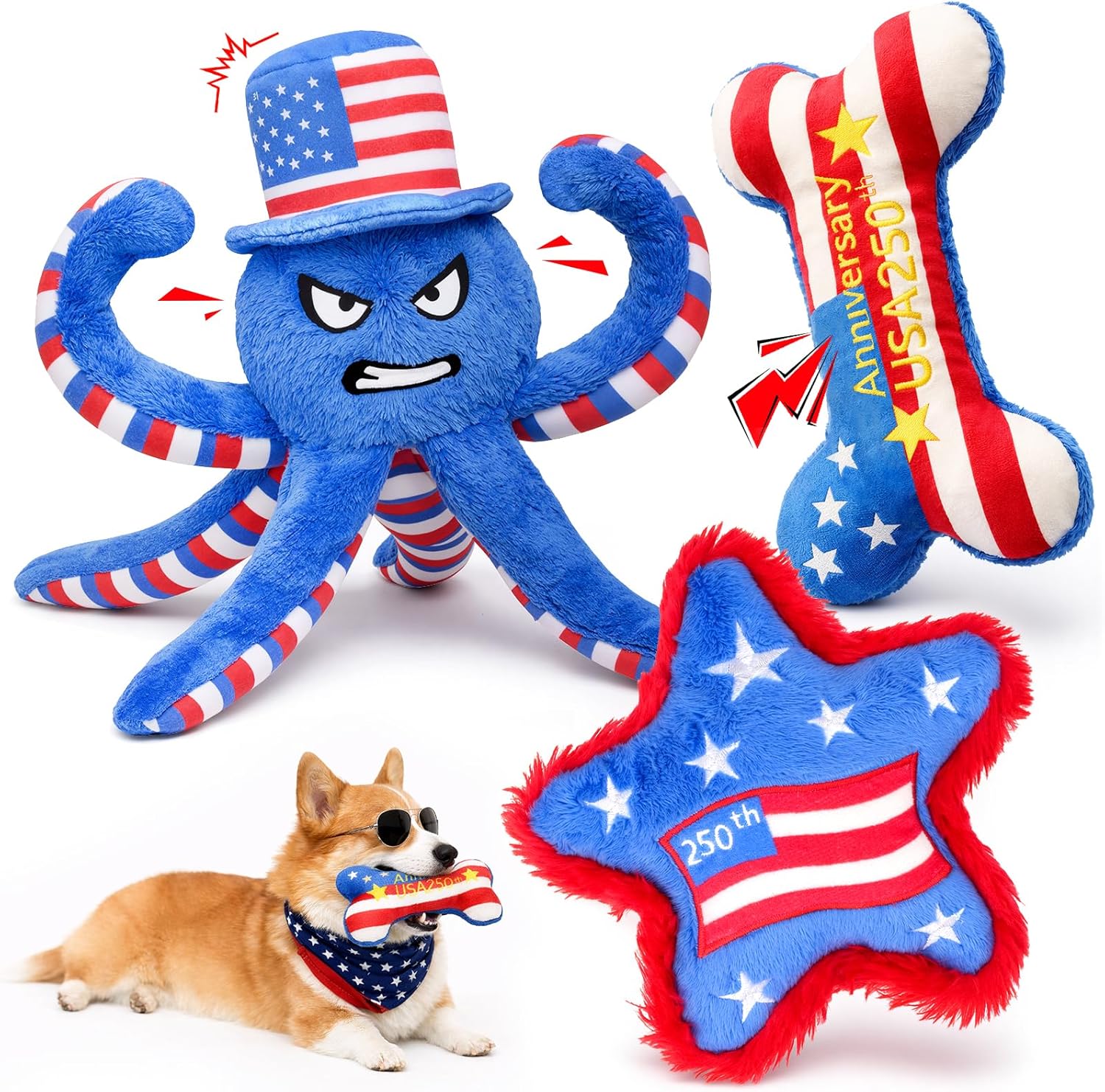BluPup Juguetes patrióticos para perros, paquete de 3 juguetes de p...