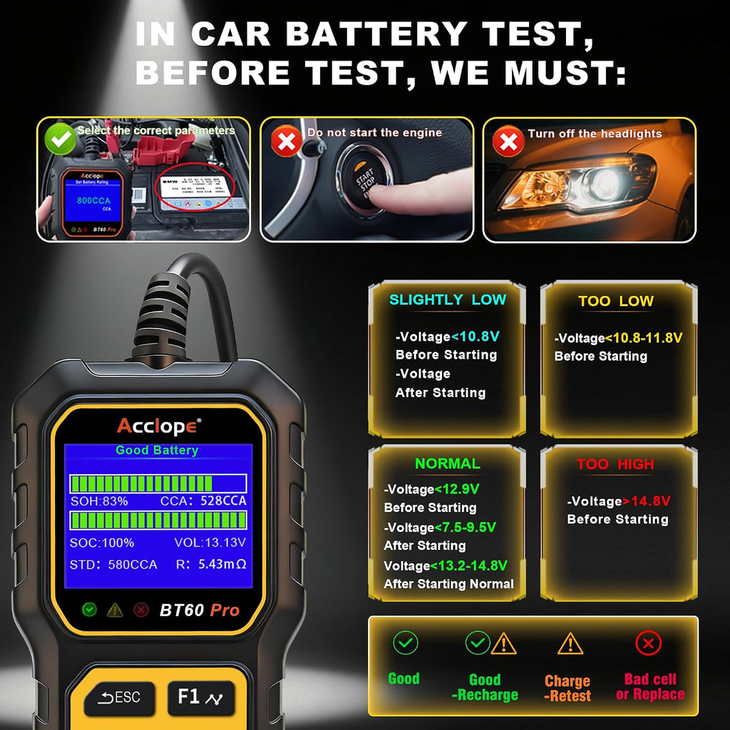 Acclope BT60 PRO - Probador de batería de coche 6V\/12V\/24V, 2\u20...