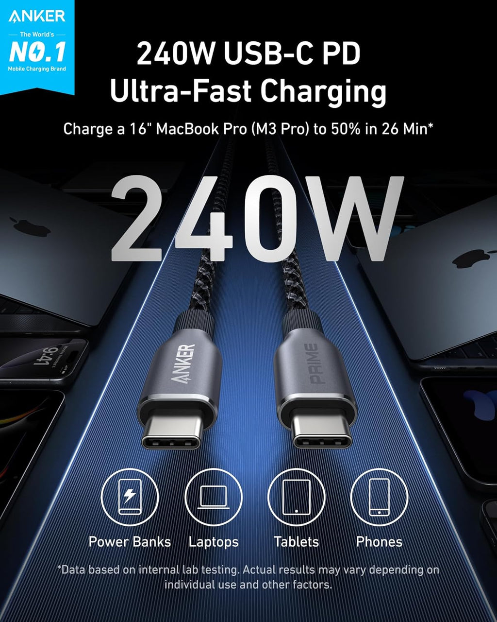 Anker Prime - Cable USB C a USB C, cable de carga rápida de 240 W,...