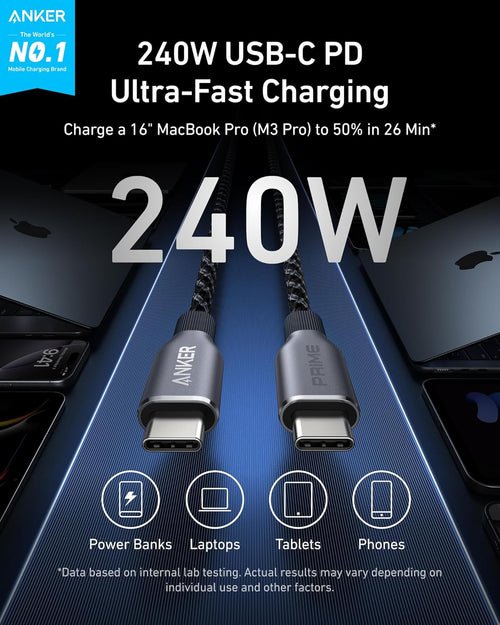 Anker Prime - Cable USB C a USB C, cable de carga rápida de 240 W,...