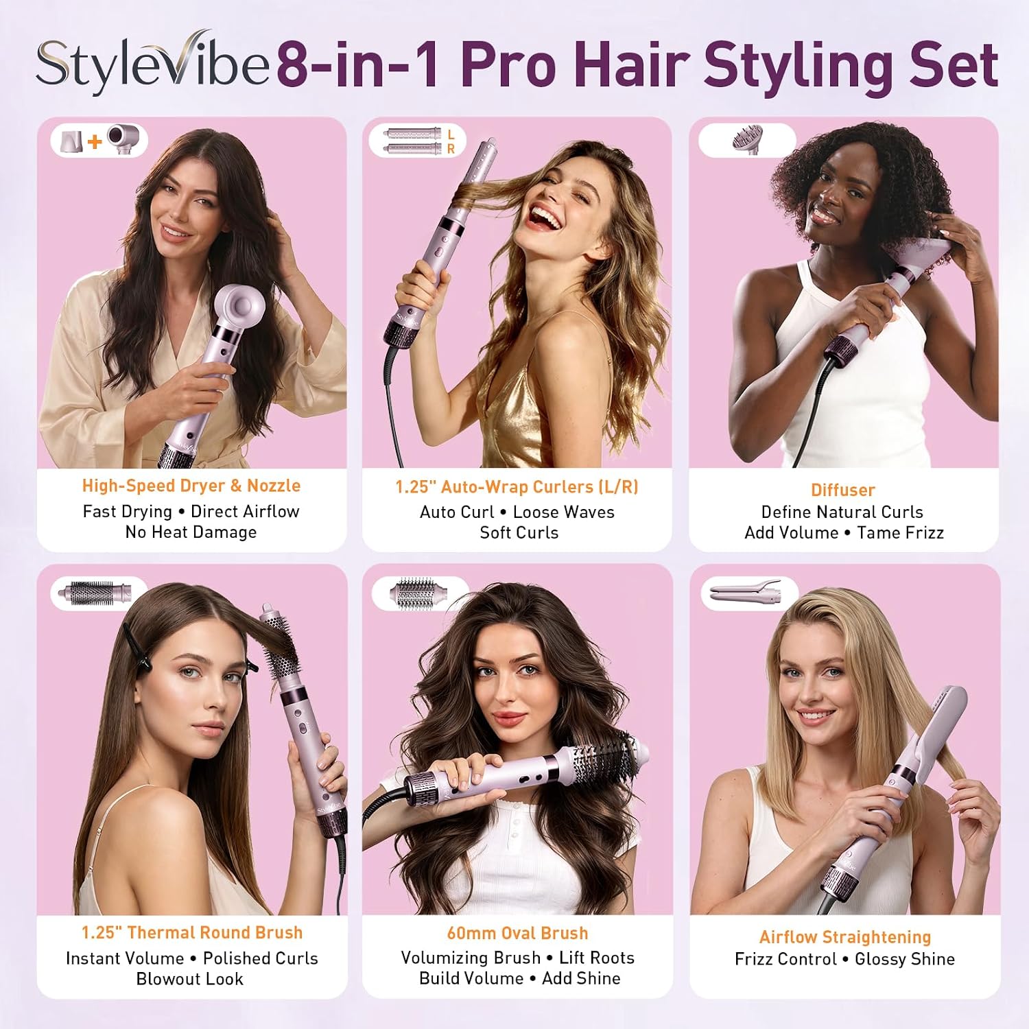 Mythsight StyleVibe - Moldeador de aire 8 en 1 de doble voltaje con...