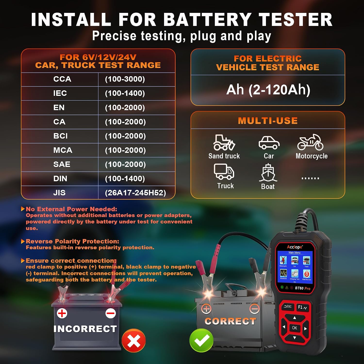 Acclope BT60 PRO - Probador de batería de coche 6V\/12V\/24V, 2\u20...