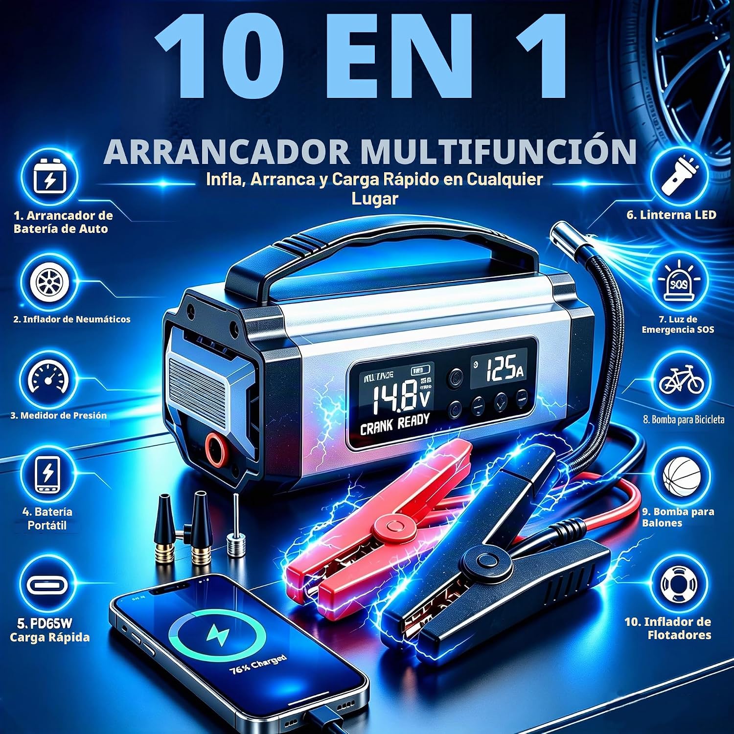 Batería portátil 10 en 1 9000A para coche con compresor de aire de...