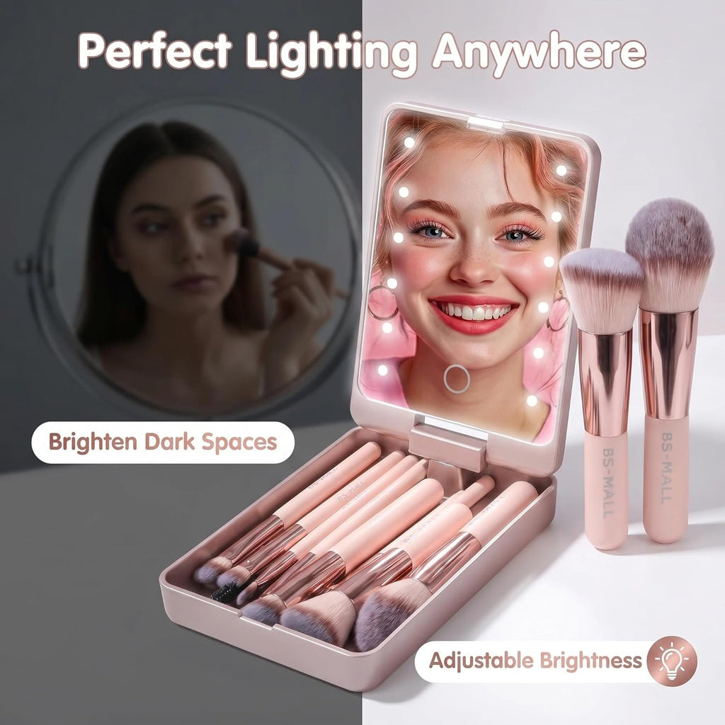 BS-MALL - Set de brochas de maquillaje con espejo LED, 14 piezas, b...