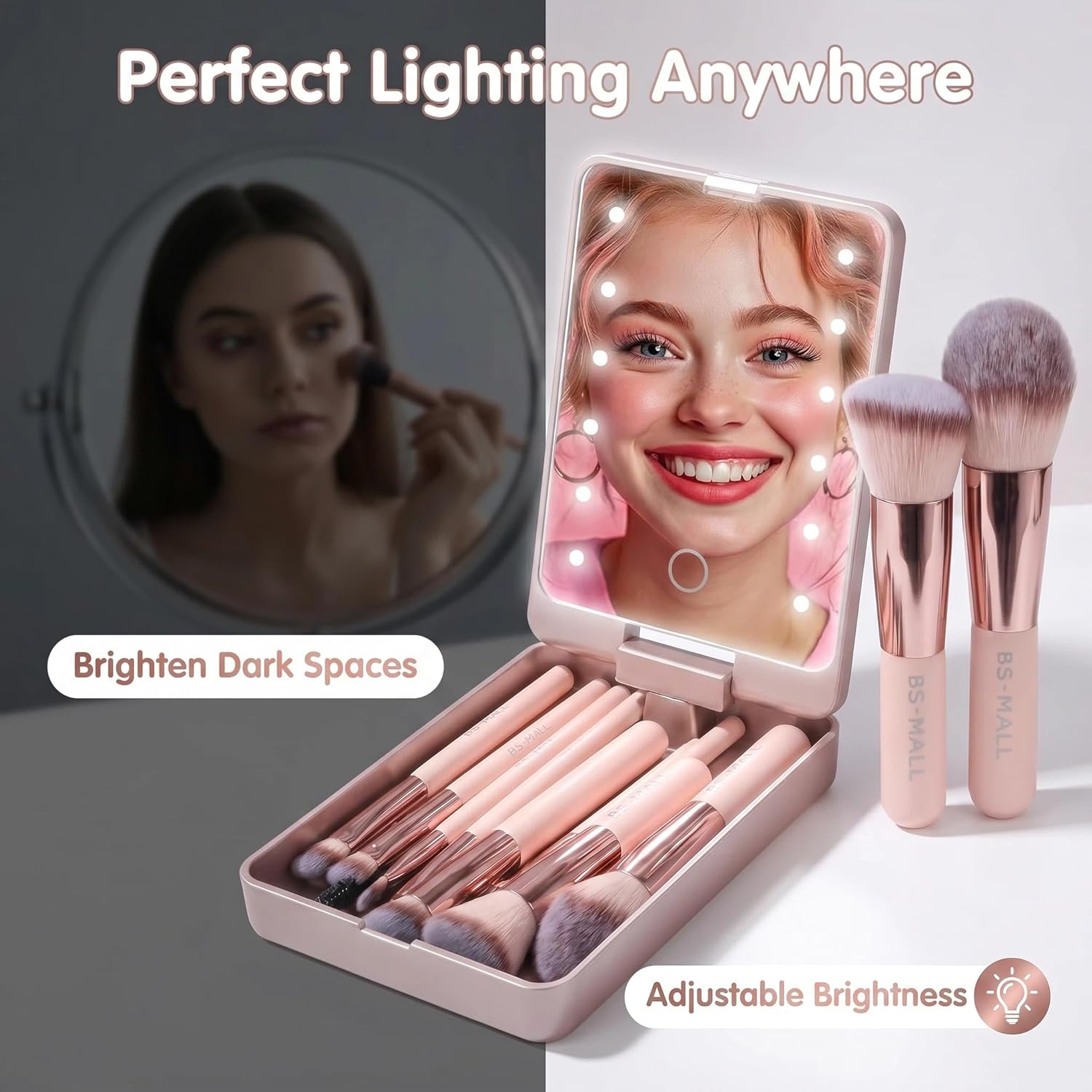 BS-MALL - Set de brochas de maquillaje con espejo LED, 14 piezas, b...